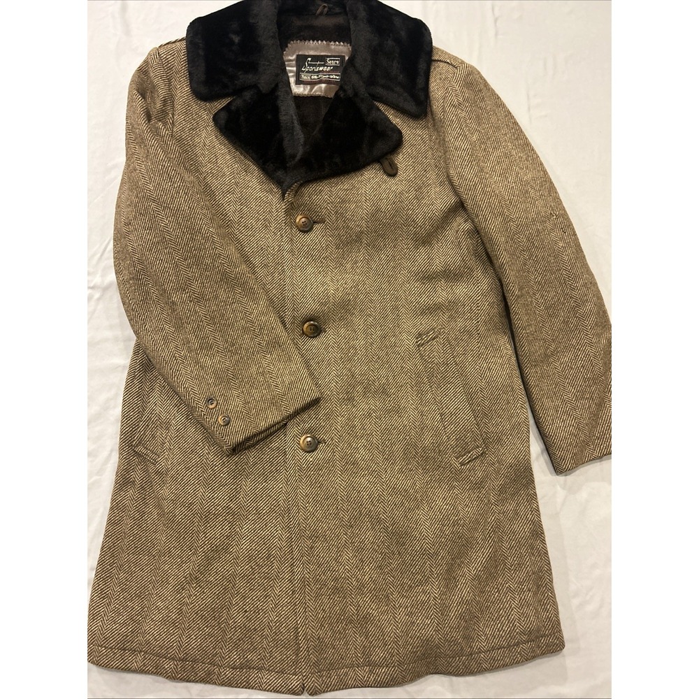Vtg Sears Herringbone Wool Blend Coat Mens Large Faux Fur Collar Lined 60s 70s‎